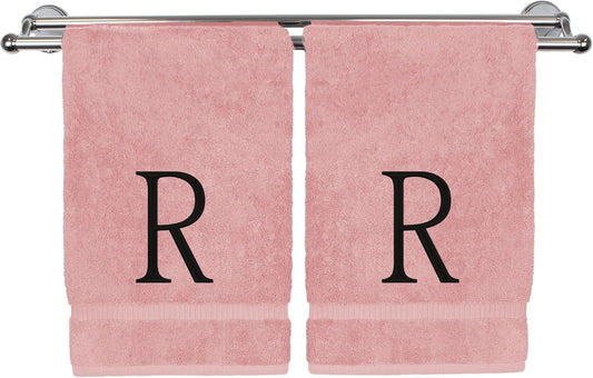 Monogrammed Hand Towel, Personalized Initial Gift, Extra Absorbent 100% Turkish Cotton - Soft Terry Finish - Set of 2 - Black Block Initial R - Embroidered on Pink Towels