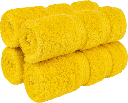 American Soft Linen Luxury Washcloths for Bathroom, 600 GSM 100% Cotton 4 Piece Turkish Wash Cloth Set, 13x13 in Soft Rags for Body and Face, Yellow Washcloths