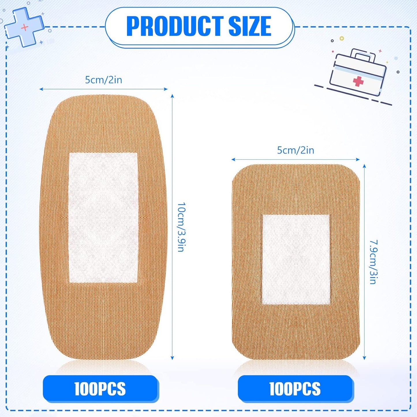 BBTO 200 Pcs Large Assorted Bandages 2 Styles Flexible Fabric Adhesive Bandages Bulk Wounds Care First Aid Supplies Fingertip Adults Wrap Skin 4 x 2'' and 3 x 2''