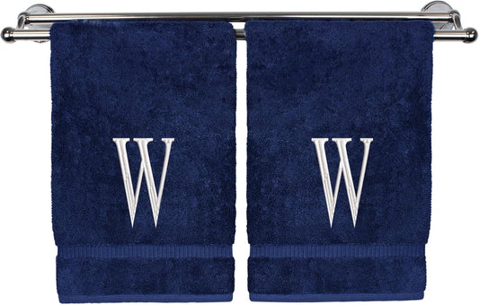 Monogrammed Hand Towel, Personalized Initial Gift, Extra Absorbent 100% Turkish Cotton - Soft Terry Finish - Set of 2 - White Block Initial W - Embroidered on Navy Blue Towels