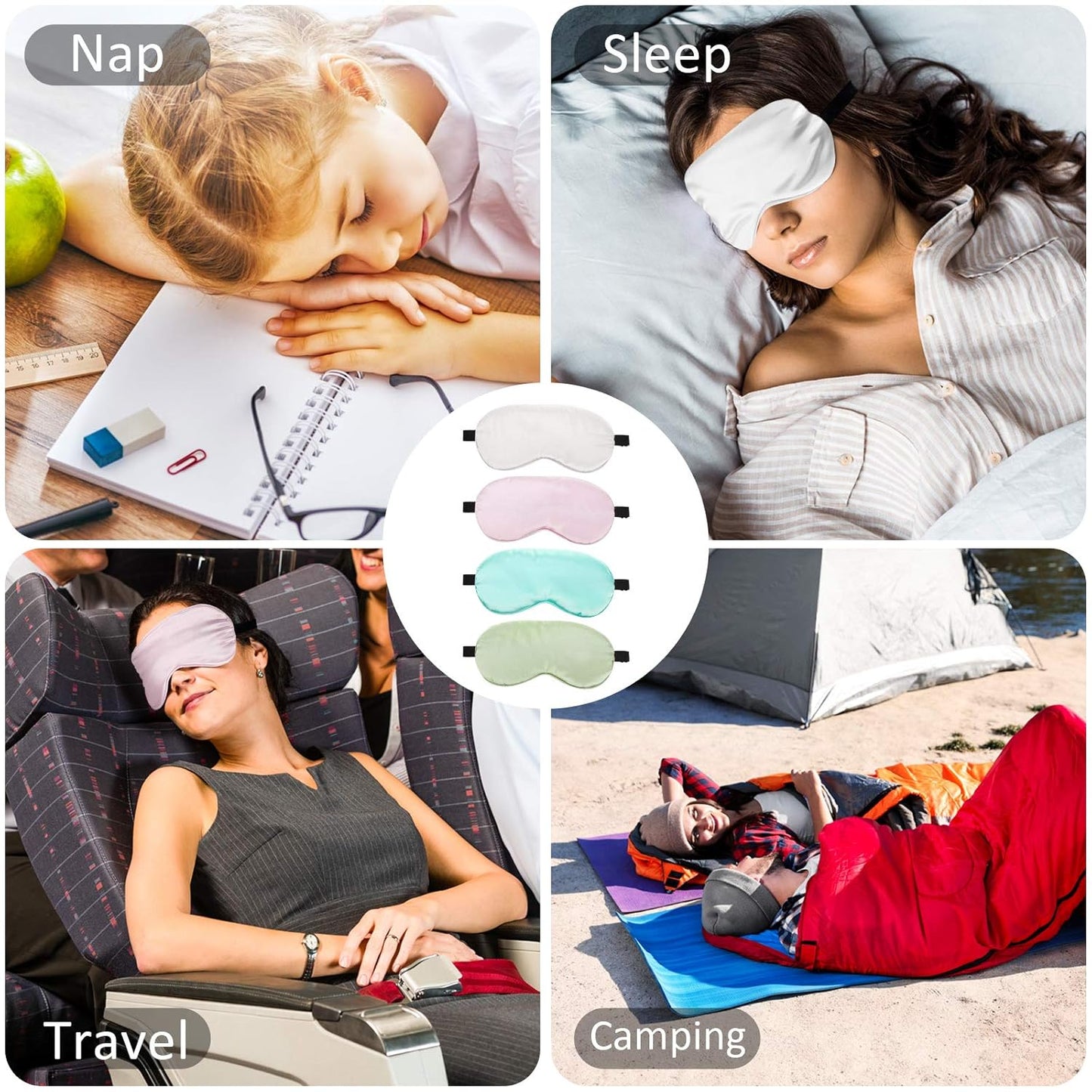 BBTO 4 Pcs Silk Sleep Eye Masks Smooth Soft Satin Eye Covers with Adjustable Strap Blindfold for Sleeping Blocking Out Lights Travel Relaxation（Light Green, Emerald, Silver, Light Pink）
