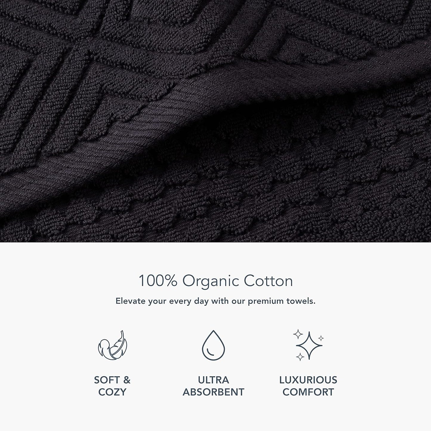 Texere 100% Organic Cotton Diamond Jacquard 700 GSM Luxury Bath Towel Sets - Ultra Soft and Absorbent Hotel and Spa Quality (Diamond, Black, 4 Bath Towels)