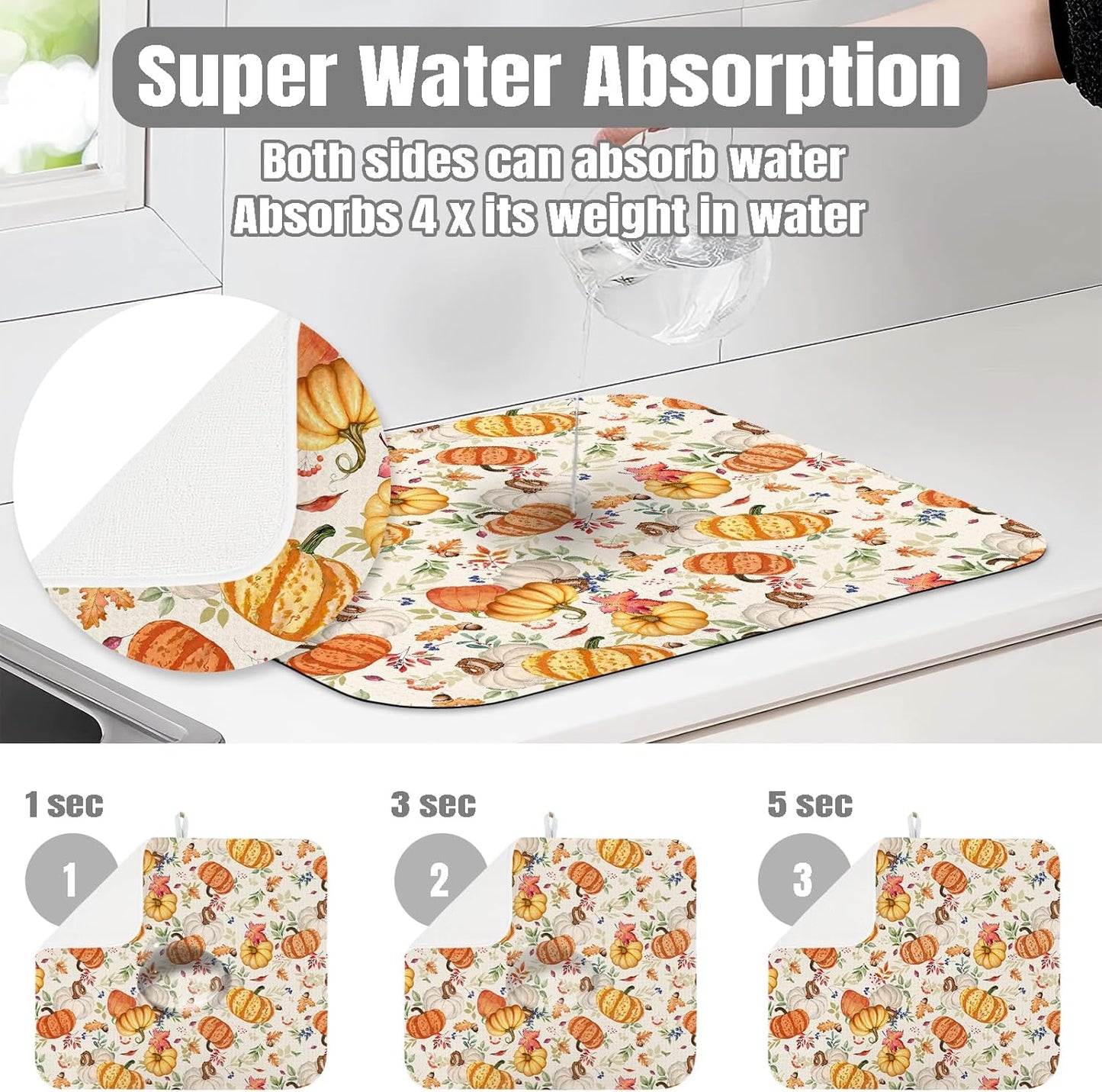 Dish Drying Mat for Kitchen Counter Large 16" x 18" Fall Pumpkin Absorbent Microfiber Dishes Drainer Rack Mats Pad Reusable Washable