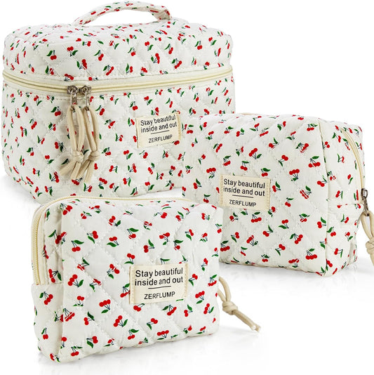 Cute Quilted Floral Makeup Bag(3Pcs)，Coquette Aesthetic Cosmetic Bag，Travel Toiletry Bags， Kawaii Aesthetic pouch for Women (5 - Cherry)