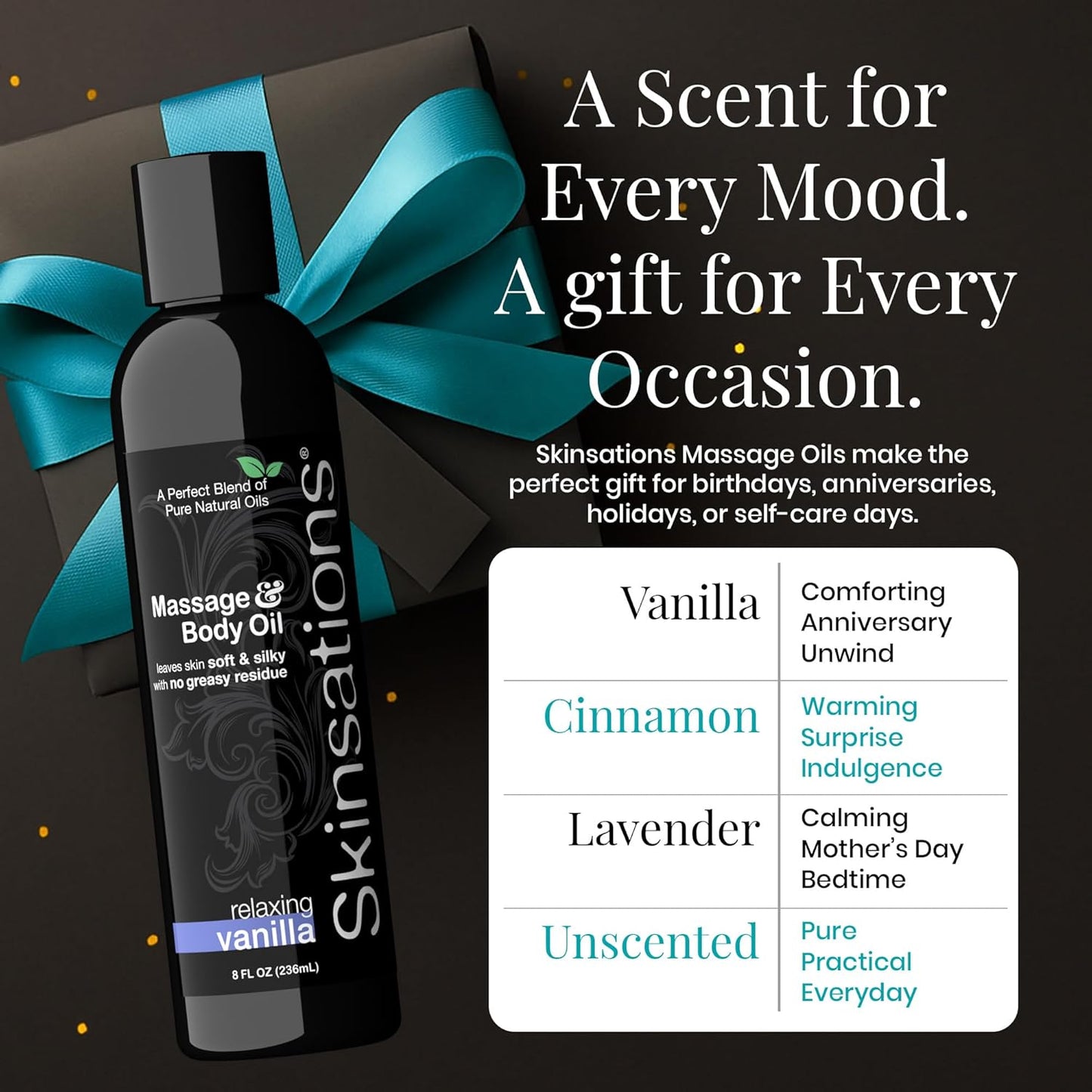 Skinsations - Vanilla Massage Oil for Massage Therapy - 8oz | Body Oil for Relaxation, Sore Muscles & Aromatherapy | Sweet Almond, Coconut, Jojoba & Grapeseed Blend