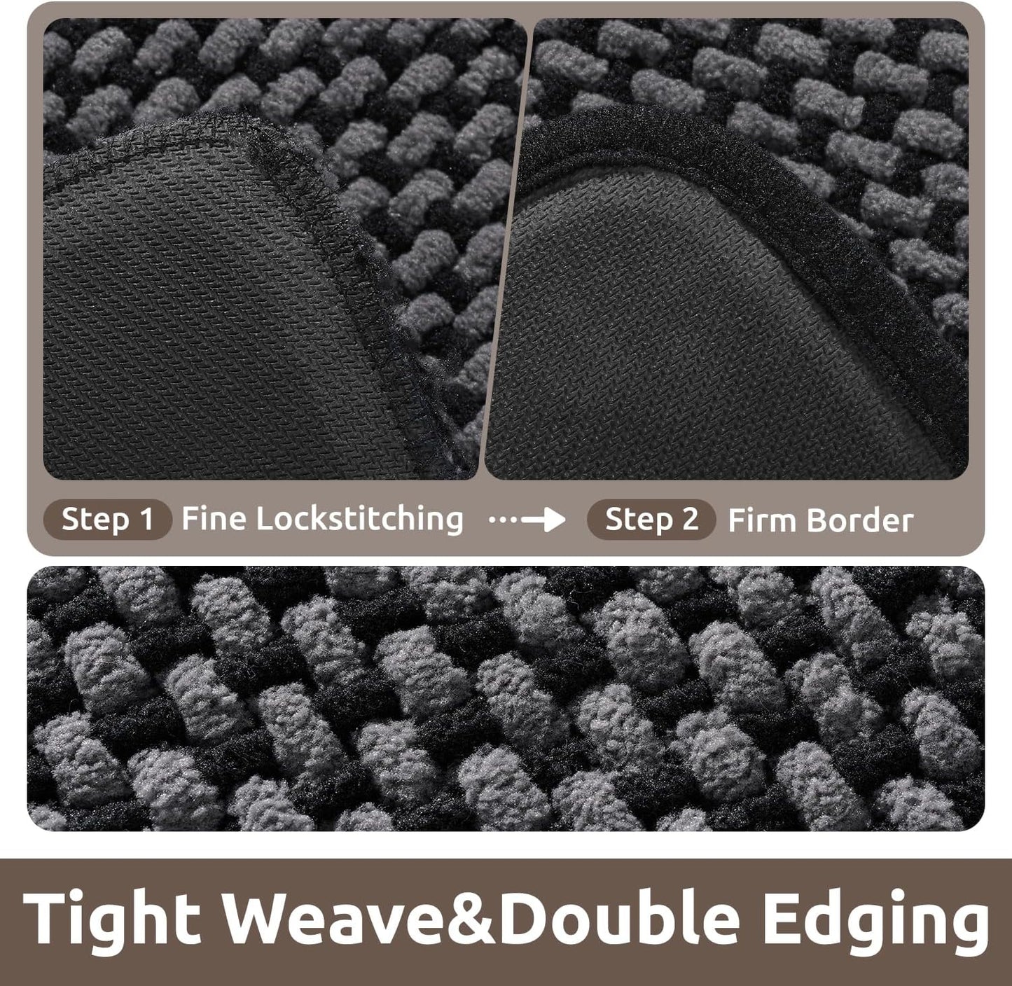 AMOAMI Chenille Bath Mat Super Absorbent Bathroom Mat Quick Dry Bath Mats for Bathroom Rubber Backed Bathroom Rugs Non Slip Washable Fit Under Door, Front of Bathtub, Sink, Darkgrey&Black 17"x24"