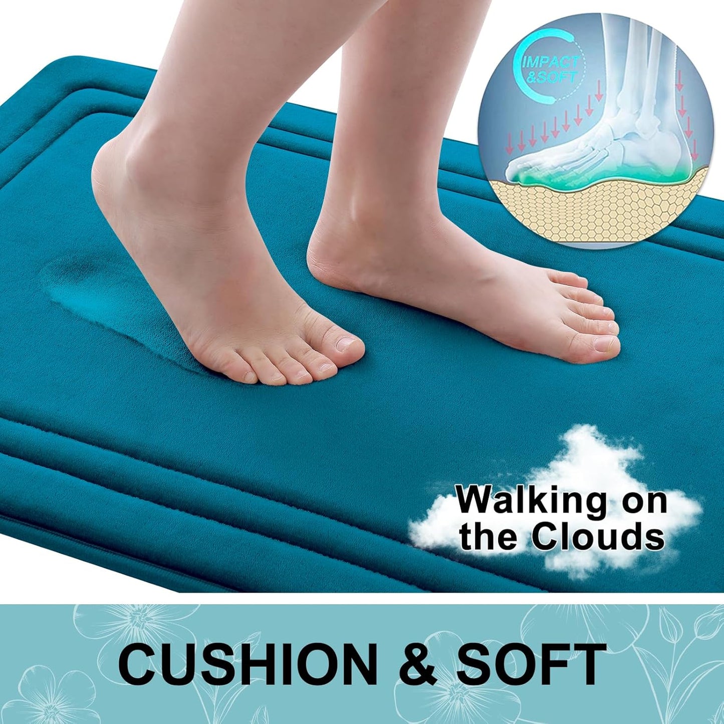 Grandaily Memory Foam Bath Mat Rug 30x20, Ultra Soft, Non-Slip and Absorbent Bathroom Rugs, Machine Wash Dry, Comfortable Bath Carpet for Bathroom Floor, Tub and Shower, Peacock Blue