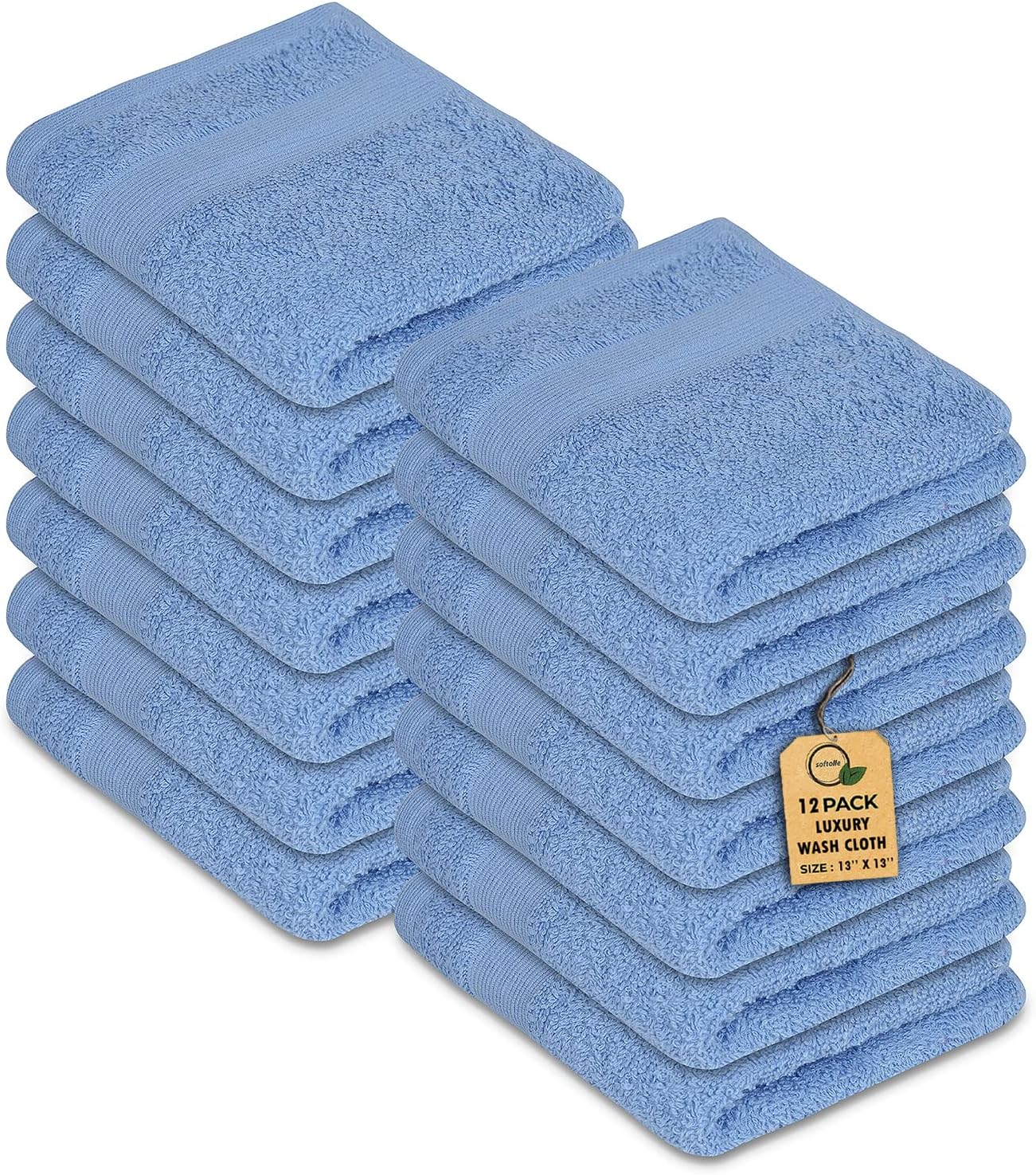 Premium Wash Cloths Pack of 12 (13" x 13") 100% Ring Spun Cotton | Luxury Washcloths | Ultra Soft Face Towels | Highly Absorbent Wash Cloths for face (Sky Blue)