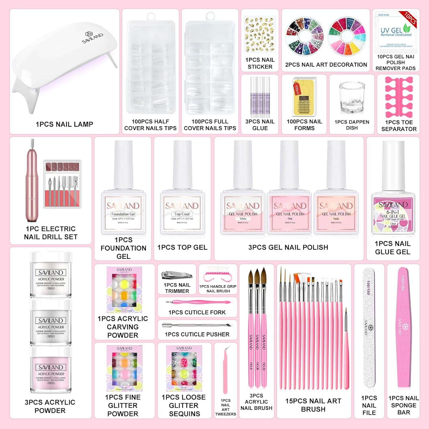 SAVILAND Acrylic Nail Kit with Nail Drill: Nails Kit Acrylic Set Professional Acrylic with Everything U V Light Nail Art Brush Glitter Nail Powder Nail Stuff for Home DIY Salon Use Christmas Gift Set