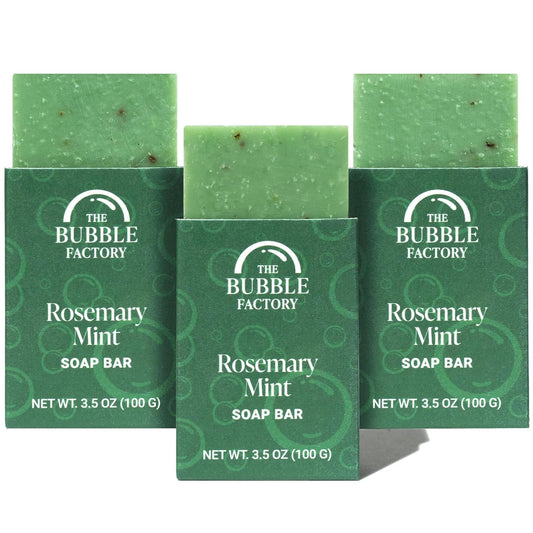 The Bubble Factory Handmade Natural Bath & Body Soap Bar, Vegan, All-Natural, Palm Oil Free, Made in USA with Shea Butter + Essential Oils, Rosemary Mint, 3 Bars
