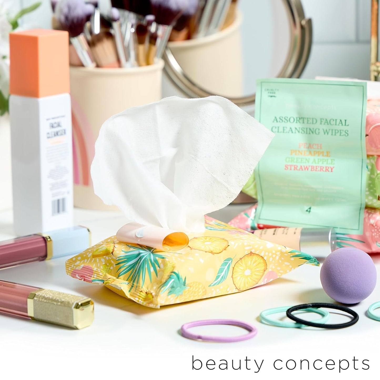 Beauty Concepts Facial Wipe Set - Packs of Face Wipes, Makeup Removing Wipes, Peach, Pineapple, Green Apple, Strawberry