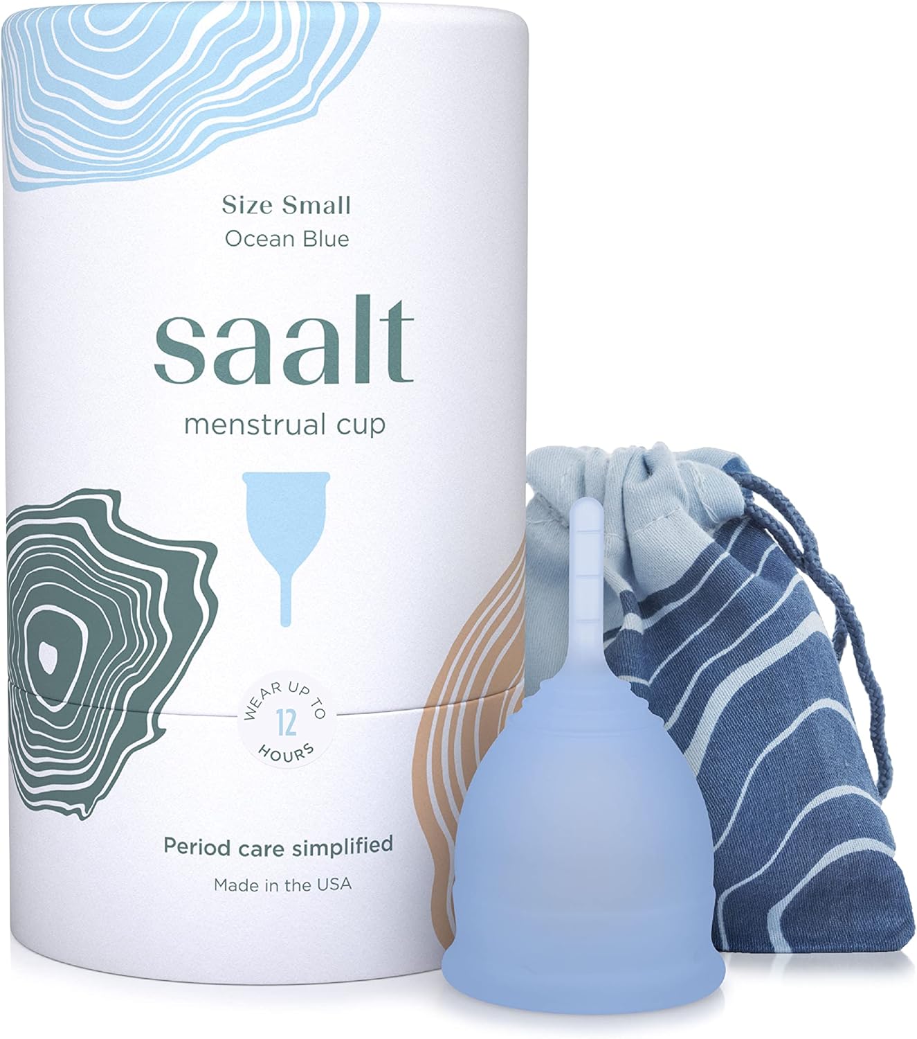 Saalt Menstrual Cup – Reusable Period Cup – Made for Comfortable, Leak-Free Protection Up to 12 Hours – BPA & Latex Free – Includes Cup & Carry Bag (Small, Ocean Blue)