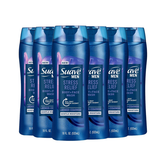 Suave Men’s Stress Relief Body + Face Wash, Gentle Moisture with Lavender & Cedarwood All Day Fresh Scent, 18 oz, 6 Pack