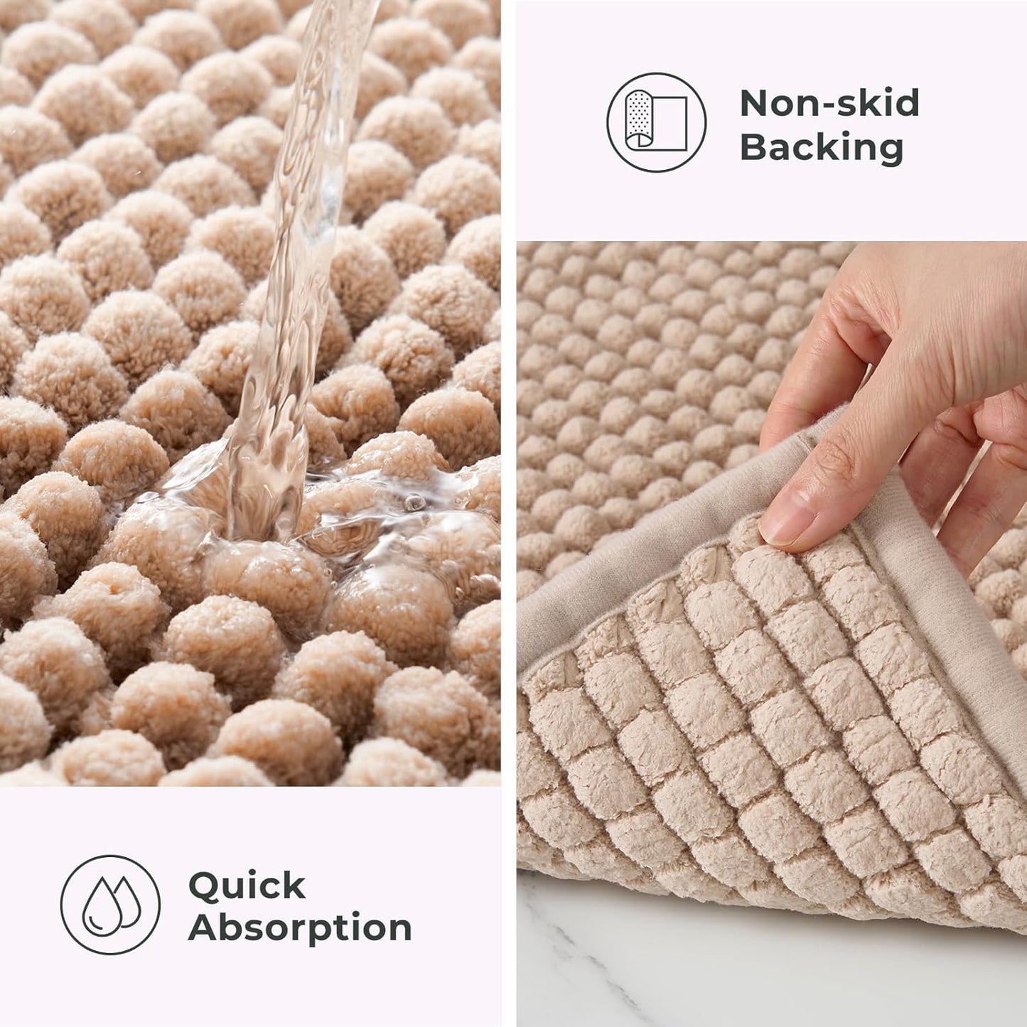 FRESHMINT Thick Chunky Chenille Bathroom Rug, 17"x24", Non Slip Bath Mat, Soft Decor Accessory, Cute Shower Mat, Water Absorbent, Washable, Beige