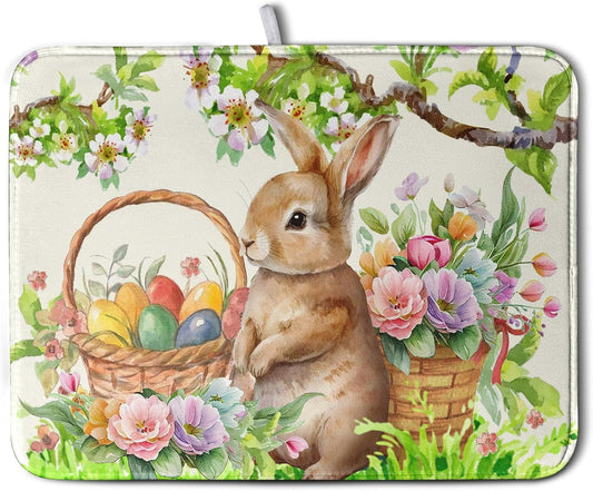 Easter Egg Bunny Dish Drying Mat for Kitchen Counter Floral Flower Basket Drying Mats Absorbent Dish Pad Spring Summer Holiday Large Dish Draining Mat 18x24 inch