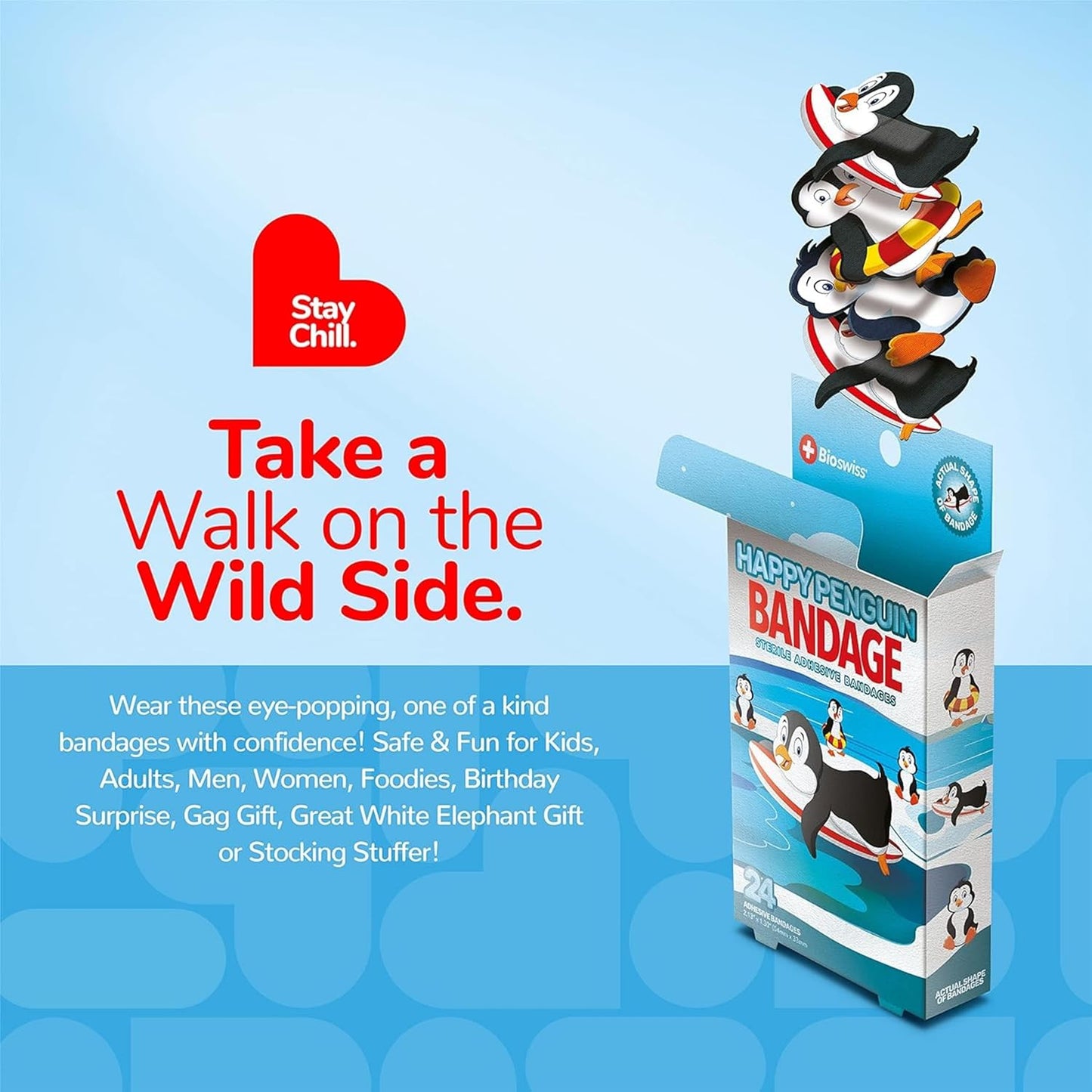 BioSwiss Kids Bandages, Penguin Shaped Self Adhesive Bandage Set, Latex Free, Sterile Wound Care, 24 Count