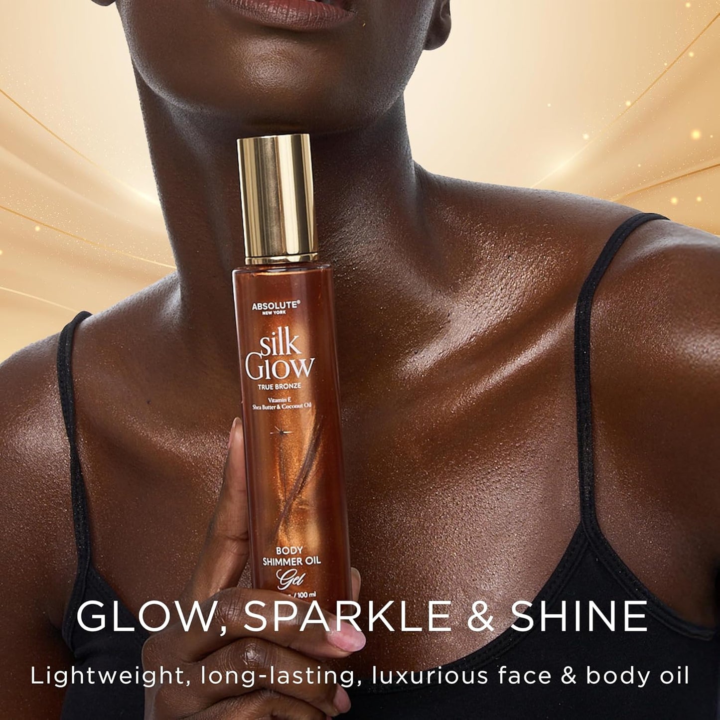 Absolute New York - Silk Glow Shimmer Mist Glow, Radiant, Shimmer Body & Face & Hair, Shea Butter, Coconut Oil, Vitamin E (SBGS06 True Bronze Oil Gel, 3.4 fl oz)