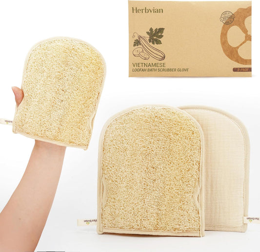 Premium Vietnamese Natural Loofah Gloves – Exfoliating Body Scrubber Mitts with Thumb Holes, Easy Grip Design, for Men & Women, Shower & Bath (Pack of 2)
