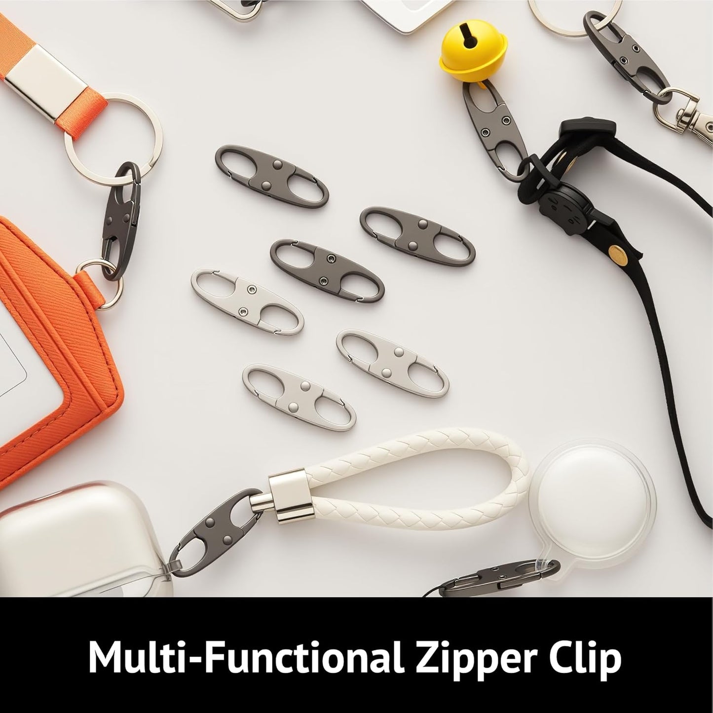 Zelin Anti Theft Zipper Clips Double Opening Small Carabiner Clips, 4Pcs Elegant Zinc Alloy Zipper Pull Replacement for Travel, Commuting and Camping (Frost Silver)