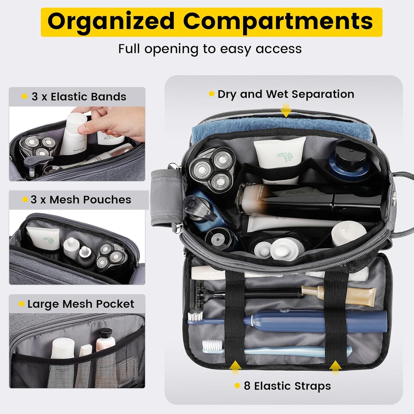 Vorspack Large Travel Toiletry Bag - Water Resistant Travel Bag for Toiletries, Cosmetics, Accessories, Gifts for Men - Grey