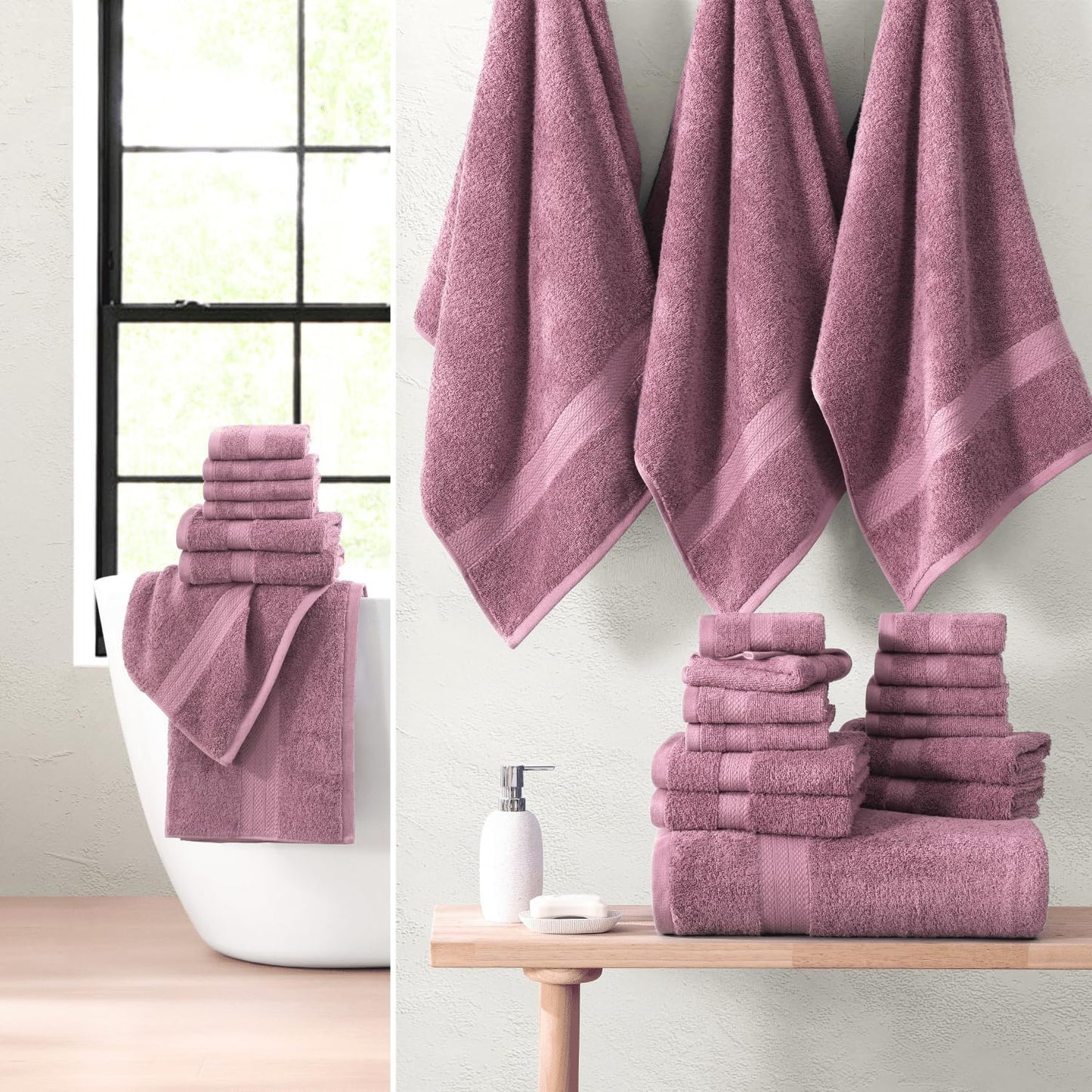 LANE LINEN 100% Cotton Bathroom Towel Set - 24 Pc- Ring Spun, Soft & Absorbent - 2 Bath Sheets, 4 Fingertip, 4 Bath, 6 Hand Towels, 8 Washcloths - Remains Fluffy Even After Washing - Wishful Mauve
