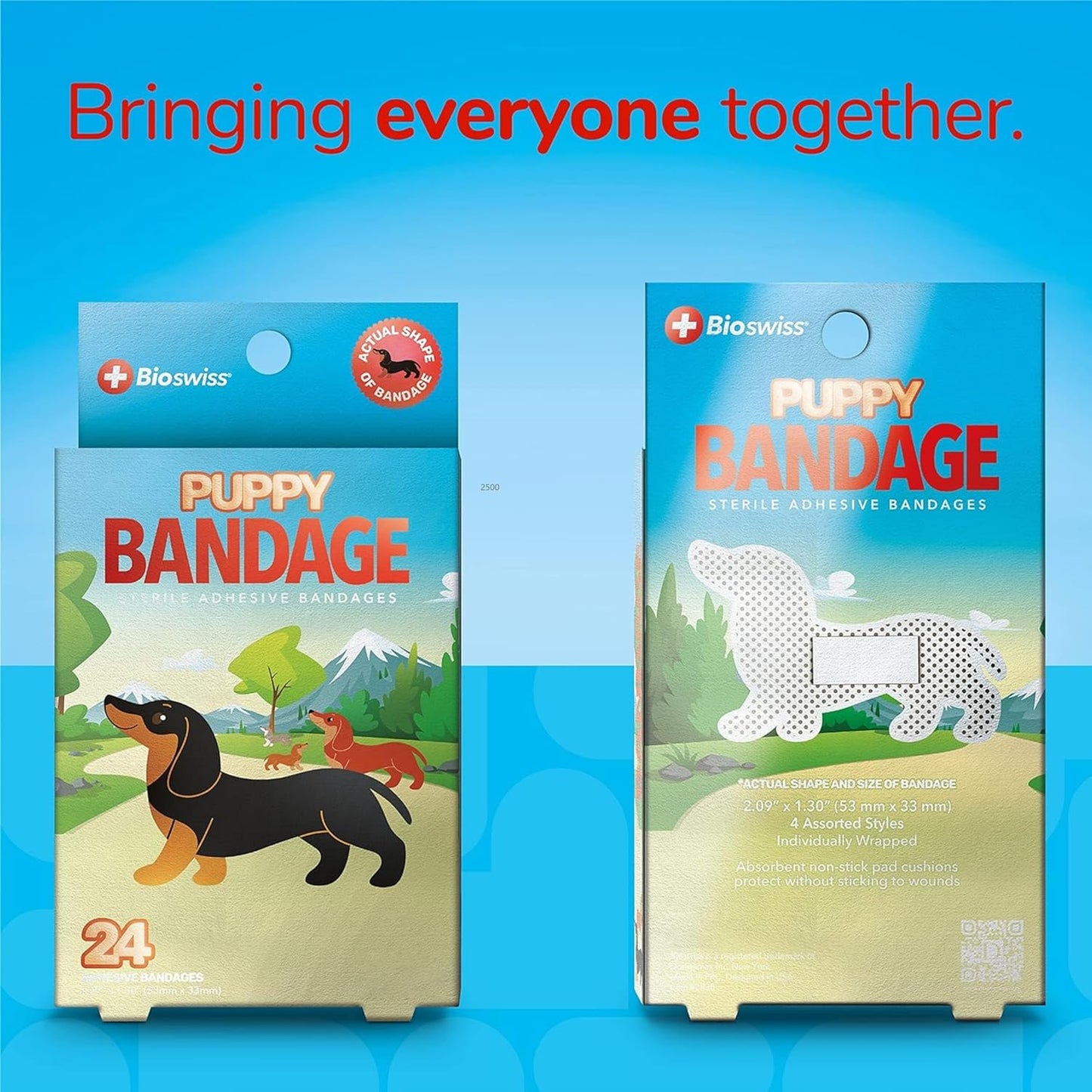 BioSwiss Kids Bandages, Weiner Dog Shaped Self Adhesive Bandage Set, Latex Free, Sterile Wound Care, 24 Count