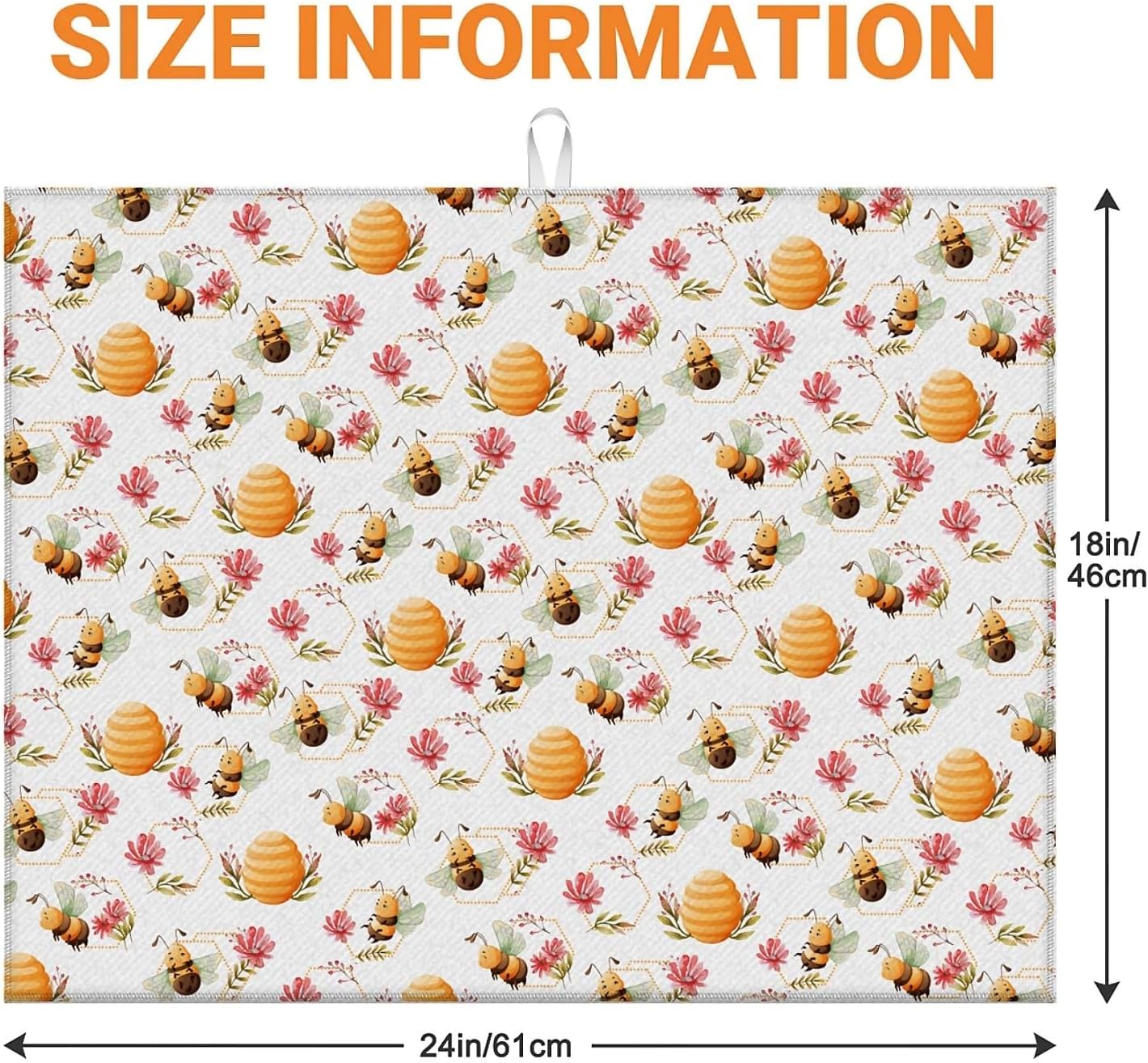 Dish Drying Mat For Kitchen Counter, Cute Bee Honeycomb Microfiber Absorbent Dish Drainer Rack Pad Reusable Large 18x24in Drying Mat