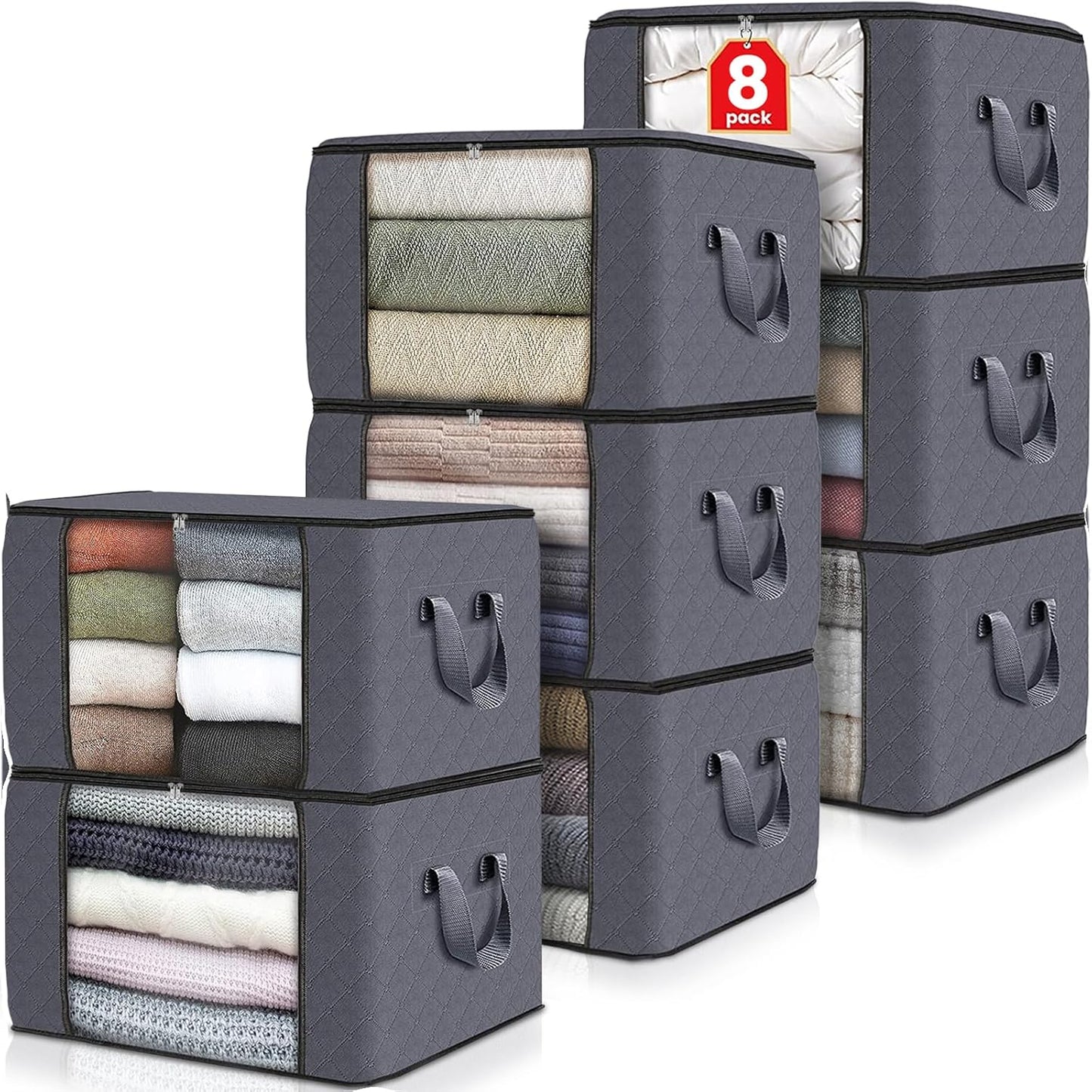 Fab totes 8 Pack Clothes Storage, Foldable Thick Fabric Blanket Storage Bags, Containers for Organizing Bedroom, Closet, Clothing, Comforter,Closet Organization with Handle,Grey