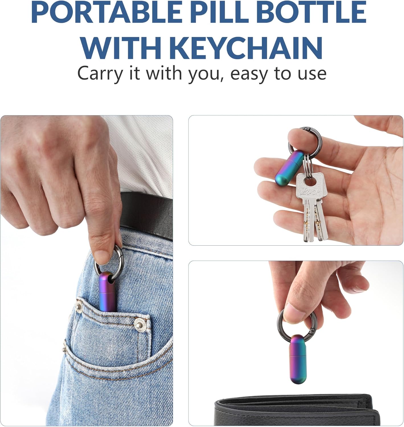 TISKY Small Keychain Pill Holder Titanium,Waterproof Tiny Pill Container with Keyring,Mini Portable Pill Case for Travel,Pill Organizer for Purse Pocket(Multicolor)