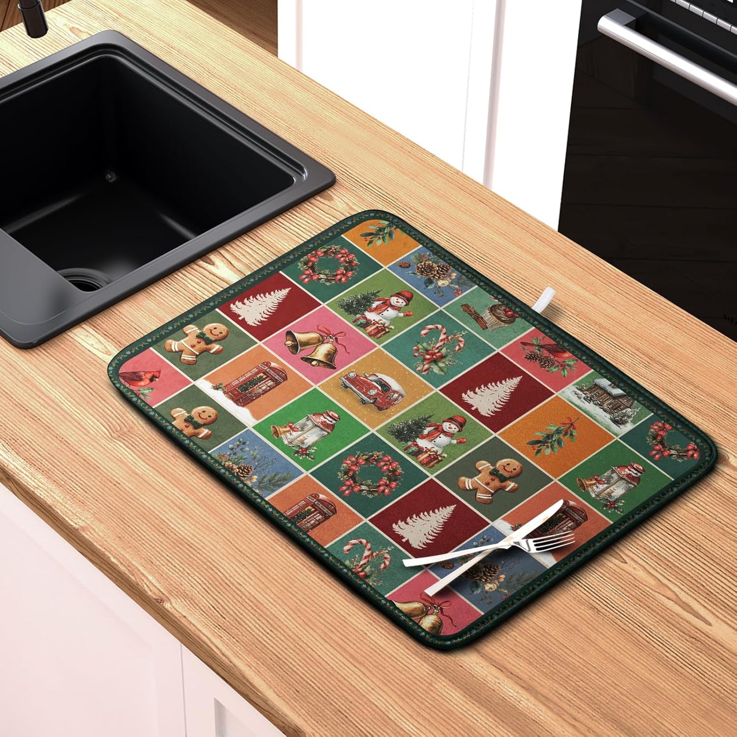 Christmas Dish Drying Mats for Kitchen Counter Cute Xmas Holiday Dish Drainer Pad Microfiber Absorbent Winter Dish Draining Mat Washable Dish Drainer Rack Mat Extra Large 18x24 Inch