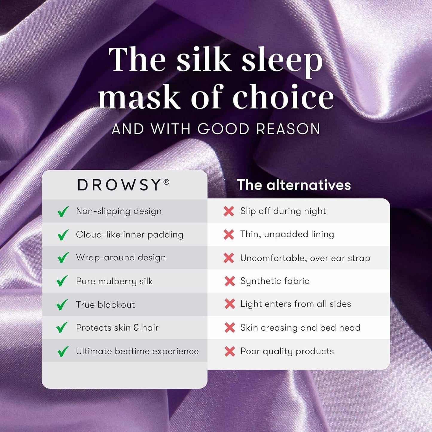 DROWSY Silk Sleep Mask - Face-Hugging, Padded Cocoon for Luxury Sleep in Total Darkness - 100% Pure Mulberry Silk (Lavender Haze)