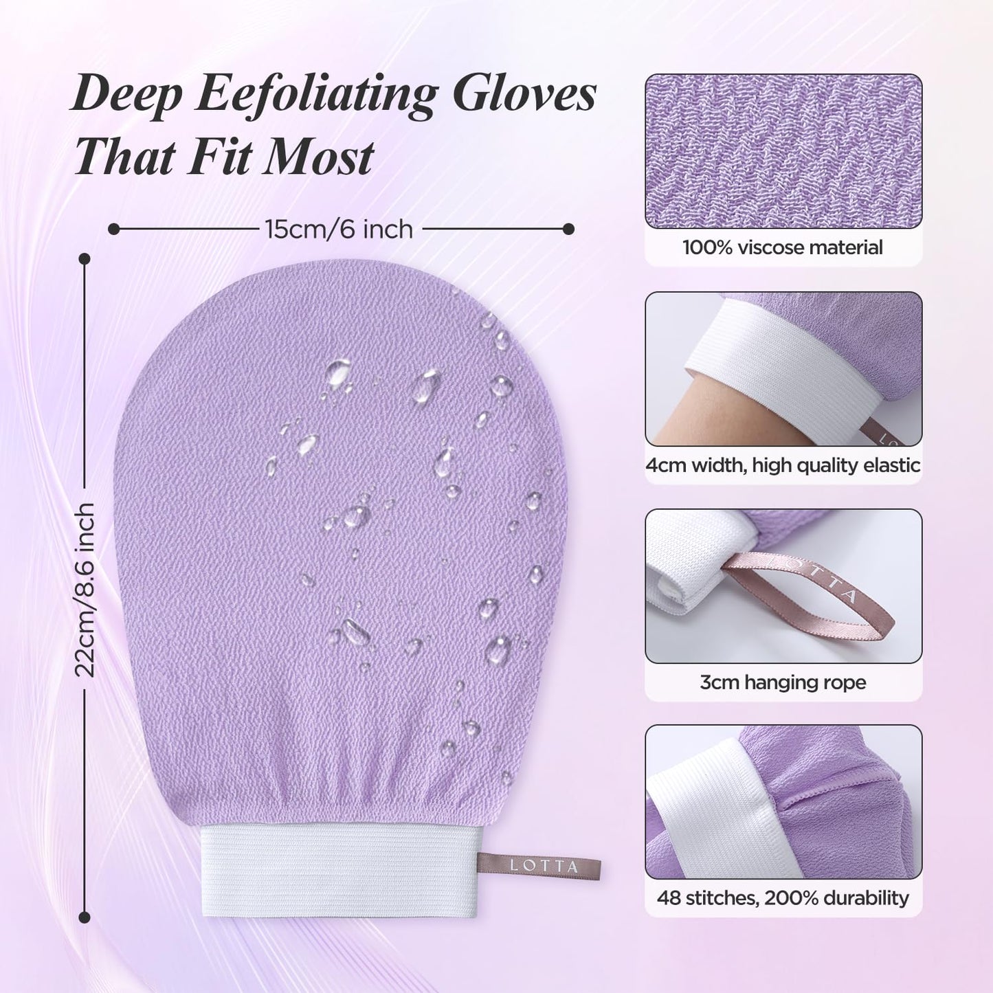 LOTTA Exfoliating Gloves 2Pcs Deep Exfoliation Mitt of 150D Shower Body Scrub Exfoliant Scrubber Glove Skin for Cleanse Dead or Dry Skin 100% Viscose Fiber Suitable for Men and Women
