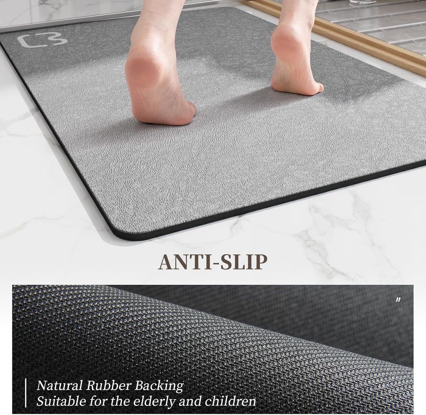 Diatomaceous Earth Bath Mat Rugs Super Absorbent Diatomite Stone Bath Mat Non Slip Quick Dry Thin Bathroom Mat Fit Under Door, Floor Rugs in Front of Bathtub, Shower Room, Sink,15.7"x23.6", Grey