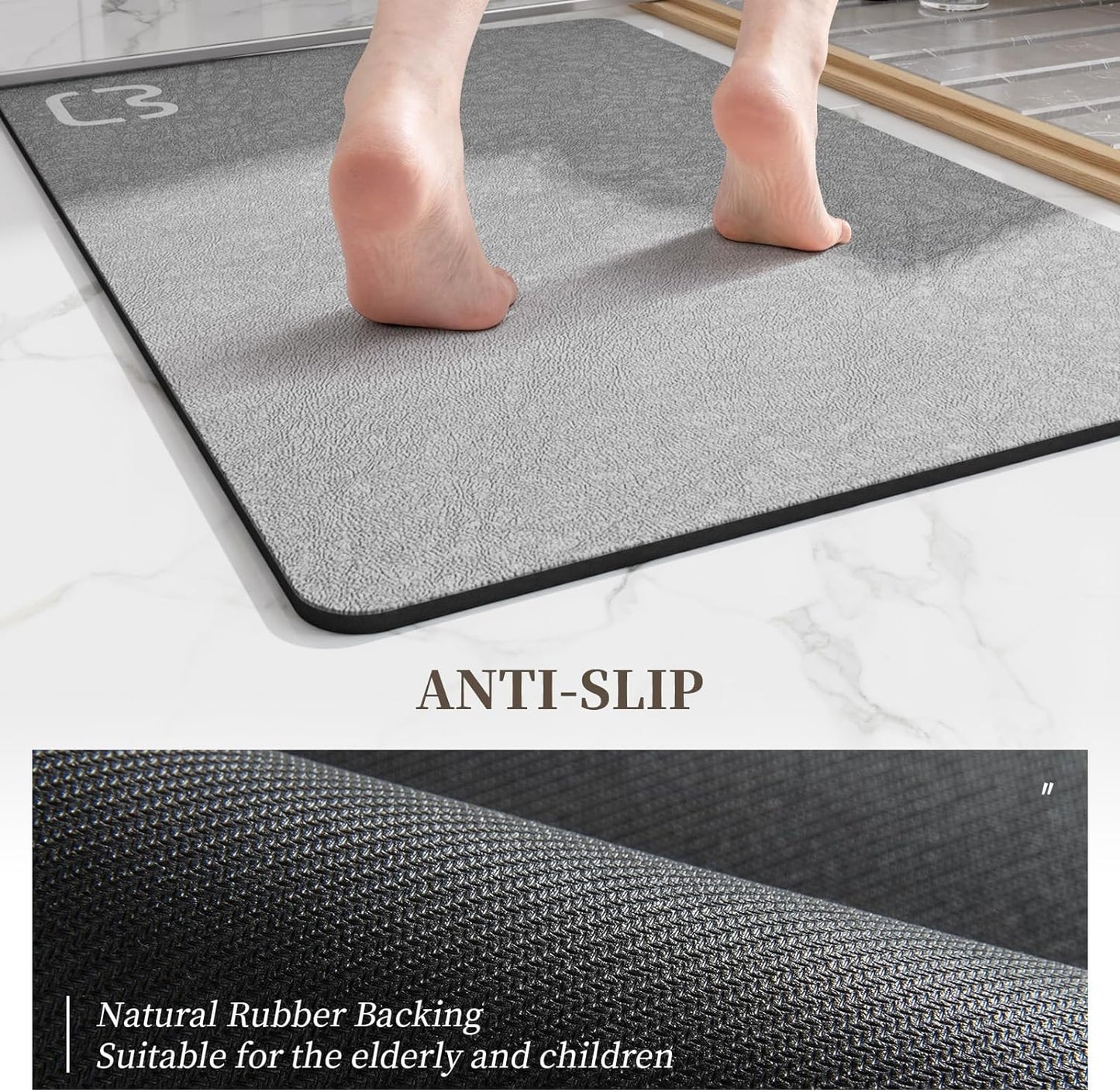 Diatomaceous Earth Bath Mat Rug Super Absorbent Diatomite Stone Bath Mat Non Slip Quick Dry Thin Bathroom Mat Fit Under Door, Floor Rugs in Front of Bathtub,Shower Room,Sink,17"x27.5", Grey