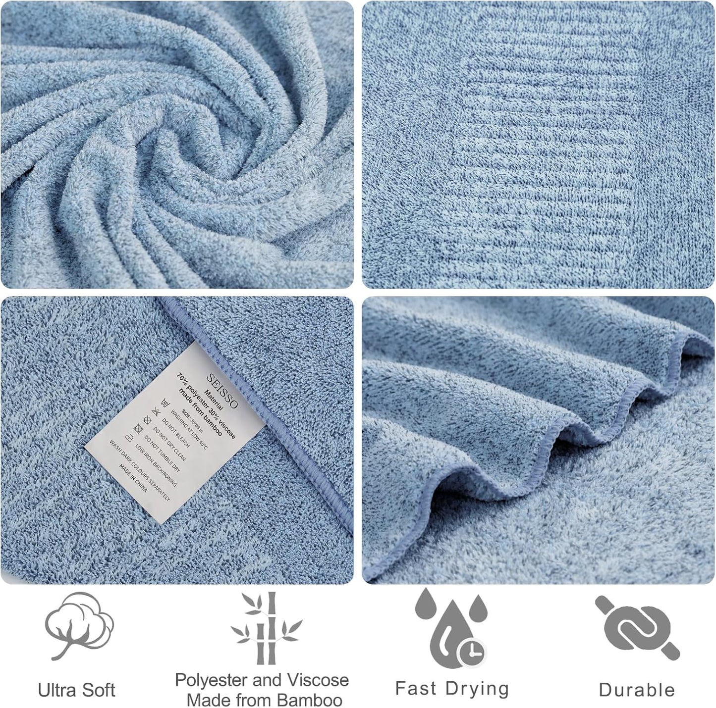 SEISSO Bath Towels,Extra Absorbent & Quick Drying Towels for Bathroom,Fibre Large Bath Towel,Super Soft Multipurpose Use for Fitness,Spa,Sports Towels,Yoga Towel (Light Blue, 2 Piece Bath Sheet)