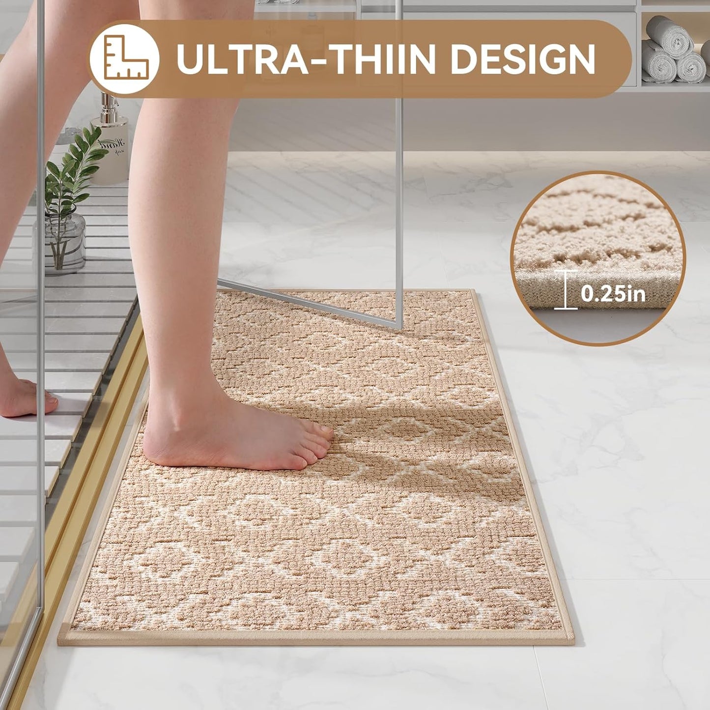 Bathroom Rugs Non Slip, Super Absorbent Quick Dry Bath Mat, Rubber Backing Ultra Thin Bathroom Mats Fit Under Door Bathroom Floor Bathtub Shower