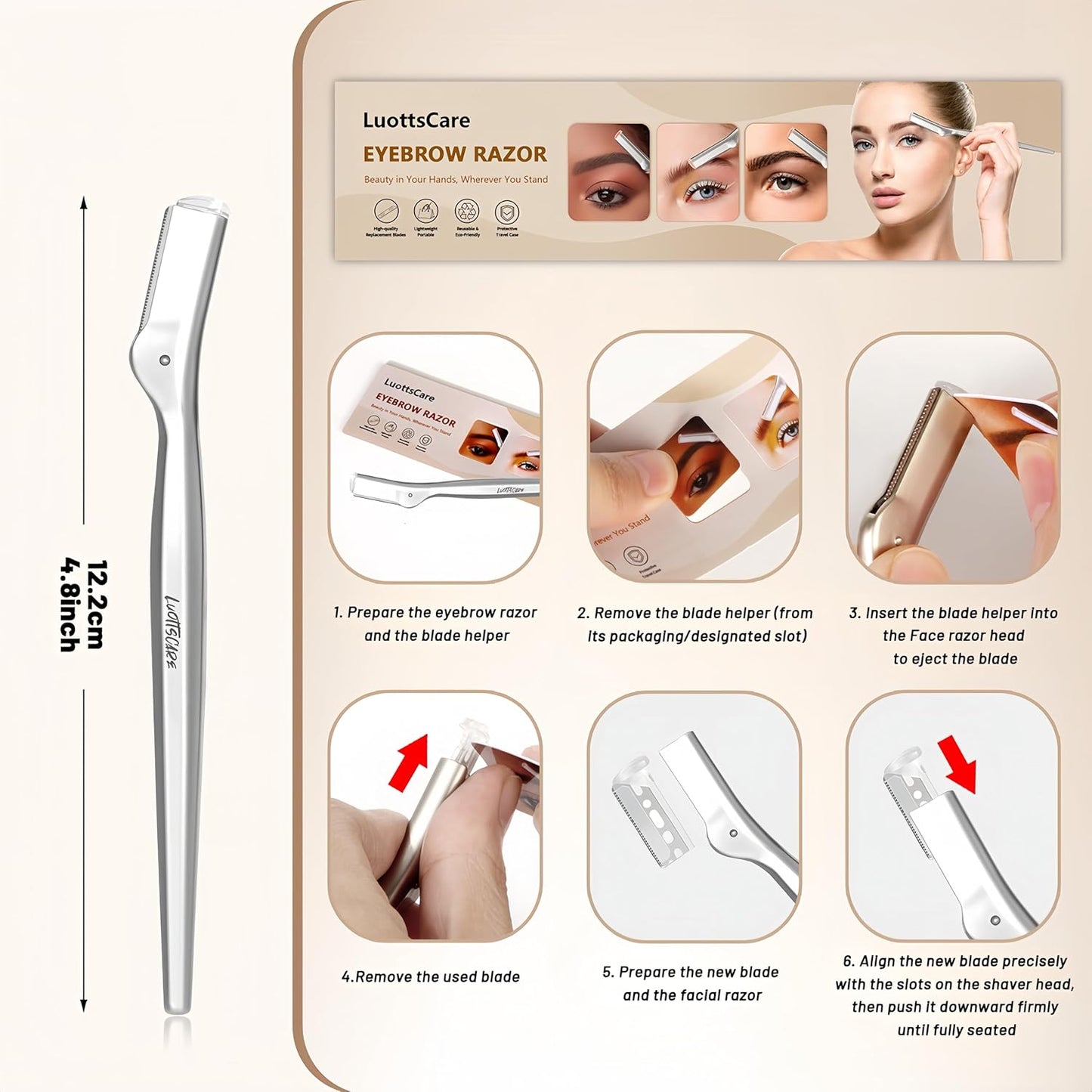 Stainless Steel Eyebrow Razor - Face Razors with Travel Cover & 10 Refill Blades, Eyebrow Brush - Help Exfoliate and Smooth Skin for Eyebrow, Leg, BIKINI, Facial, Beard Remove - S