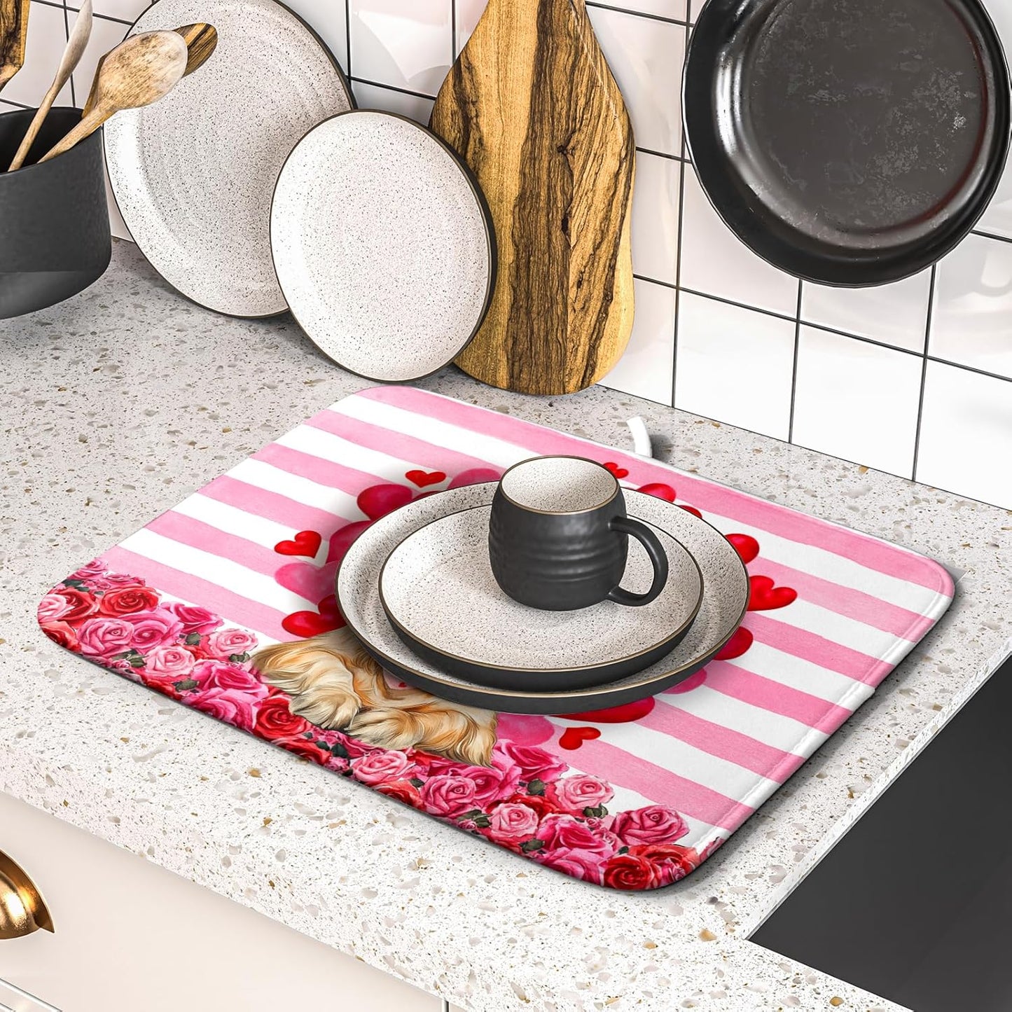 Valentine's Day Dog Dish Drying Mat for Kitchen Counter 16x18 inch Heart Rose Absorbent Dish Drainer Rack Mats for Coffee Bar Countertop