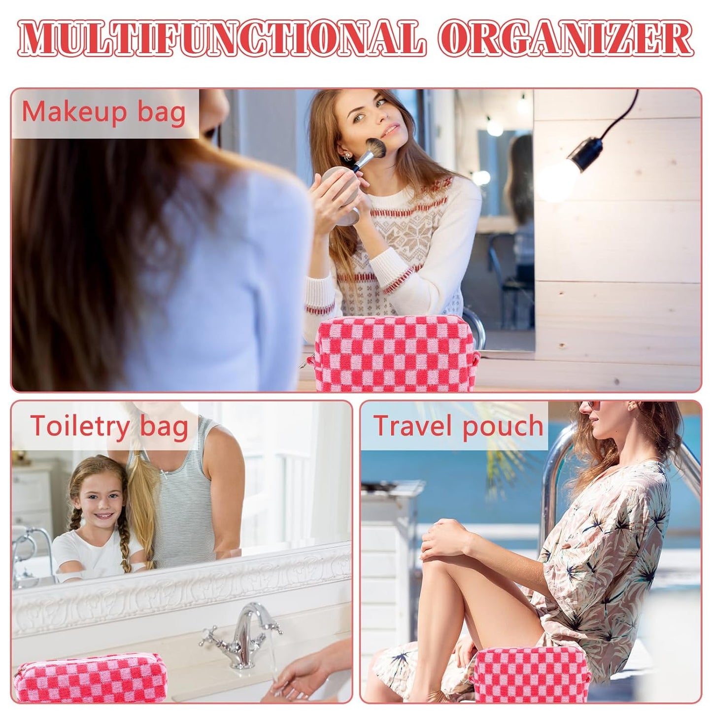 2Pcs Checkered Pencil Case Cute Pencil Pouch for Teens Checkered Makeup Bag Travel Cosmetic Bag Set Cute Makeup Pouch for Purse Portable Zippered Skincare Bags Preppy Toiletry Bags Organizer(Pink)