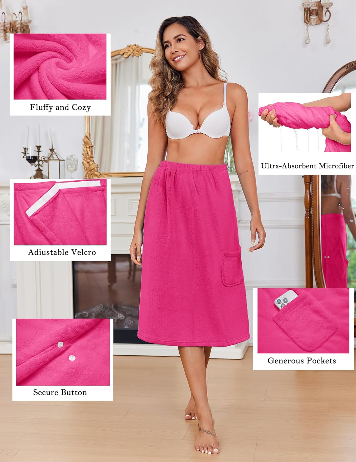 Ekouaer Women's Plush Towel Wrap Soft Lightweight Shower Wrap Absorbent Spa Body Wrap Bath Robe with Velcro S-L