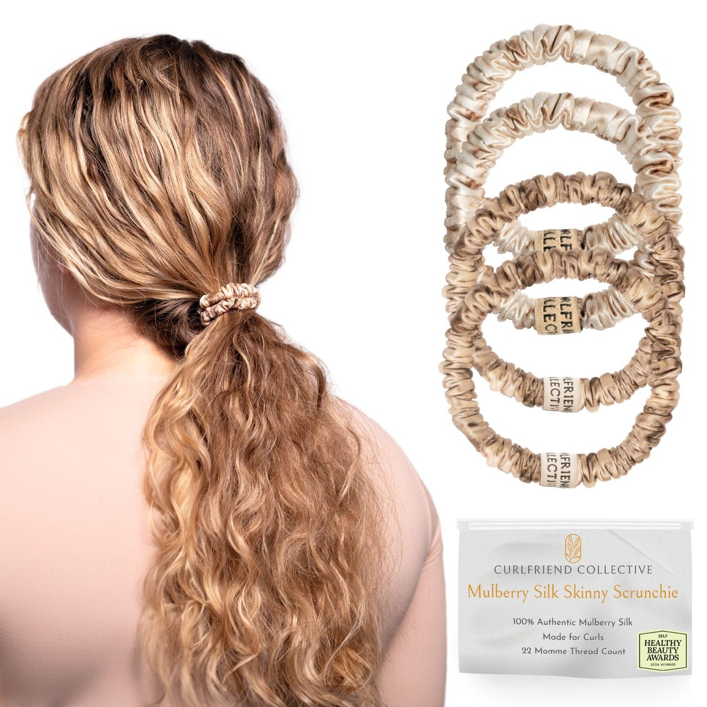 Authentic Mulberry Silk Skinny Hair Match Scrunchies for Women, Anti Breakage Hair Ties for Curly Thick & Thin Hair, 100% Silk for Buns, Sleep & Ponytail, Platinum/Warm Blonde (4 Pack)