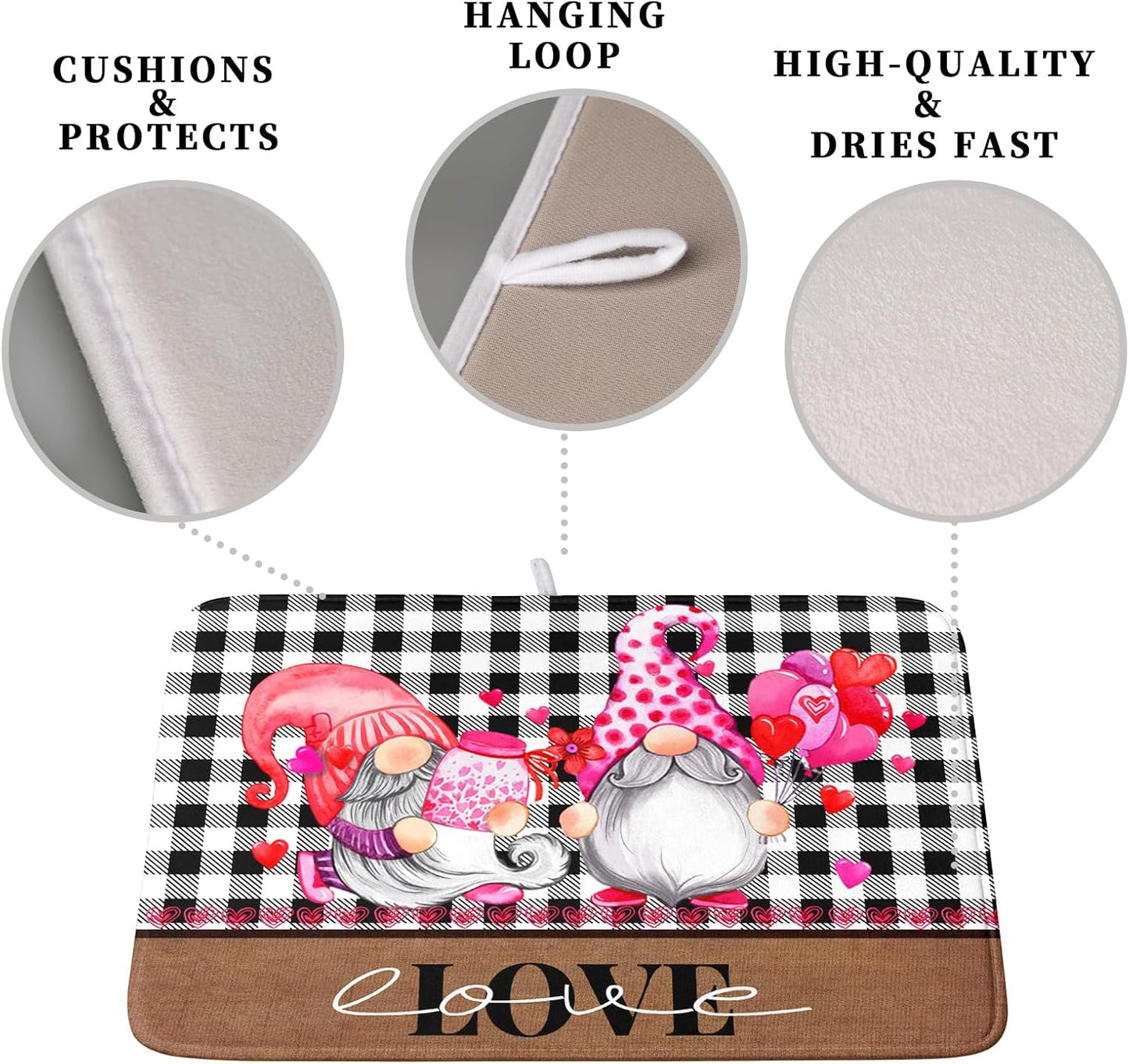 Valentine's Day Dish Drying Mats for Kitchen Counter, Gnome Love Kitchen Drying Mat, Buffalo Plaid Dish Drainer Mat Absorbent Quick Dry Dishes Pad 18 x 24 In - Farmhouse Decor Valentines Gift