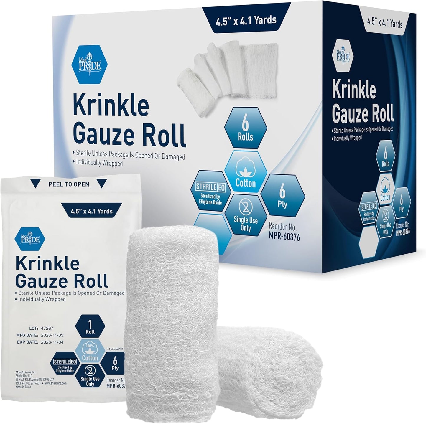 MED PRIDE Sterile Krinkle Gauze [6 Rolls]- 4.5'' x 4.1 Yards Rolls - Cotton Wound Dressing Sterile Wraps – 6-Ply Highly Absorbent First Aid Gauzes - Medical Individually Wrapped Mesh Bandage Gauzes