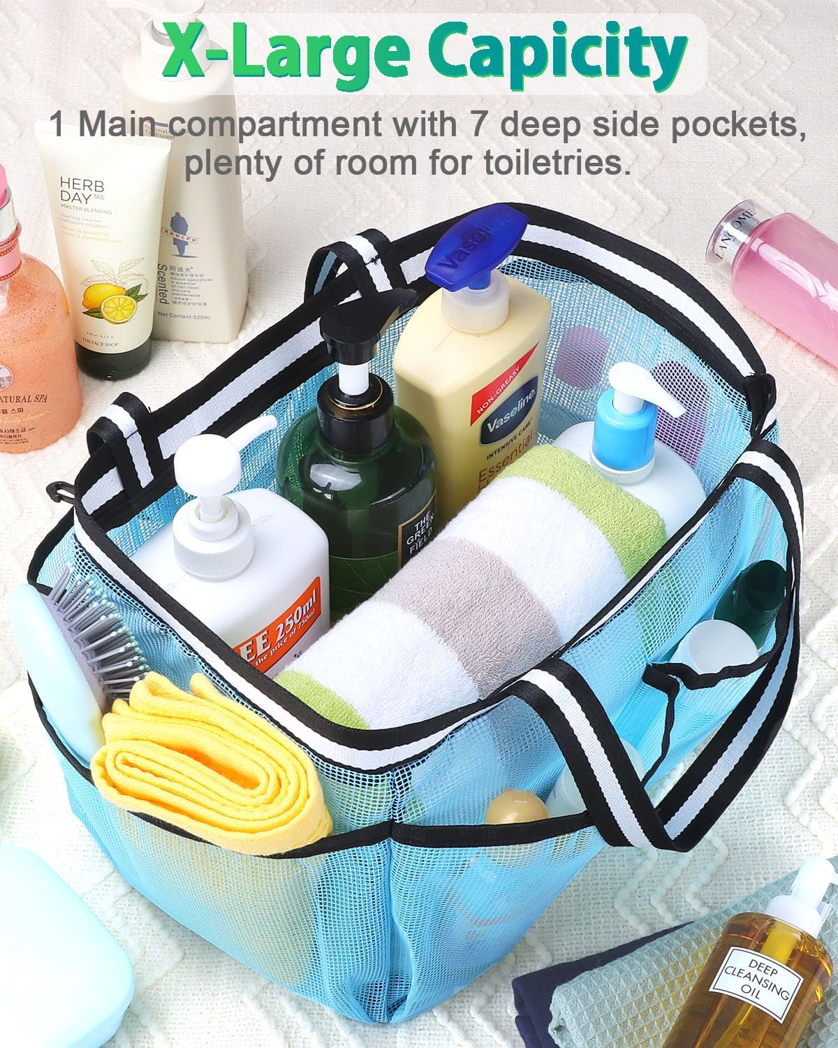 XL Mesh Shower Caddy Portable Shower Bag for College Dorm Camping Travel Gym(Lake Blue)