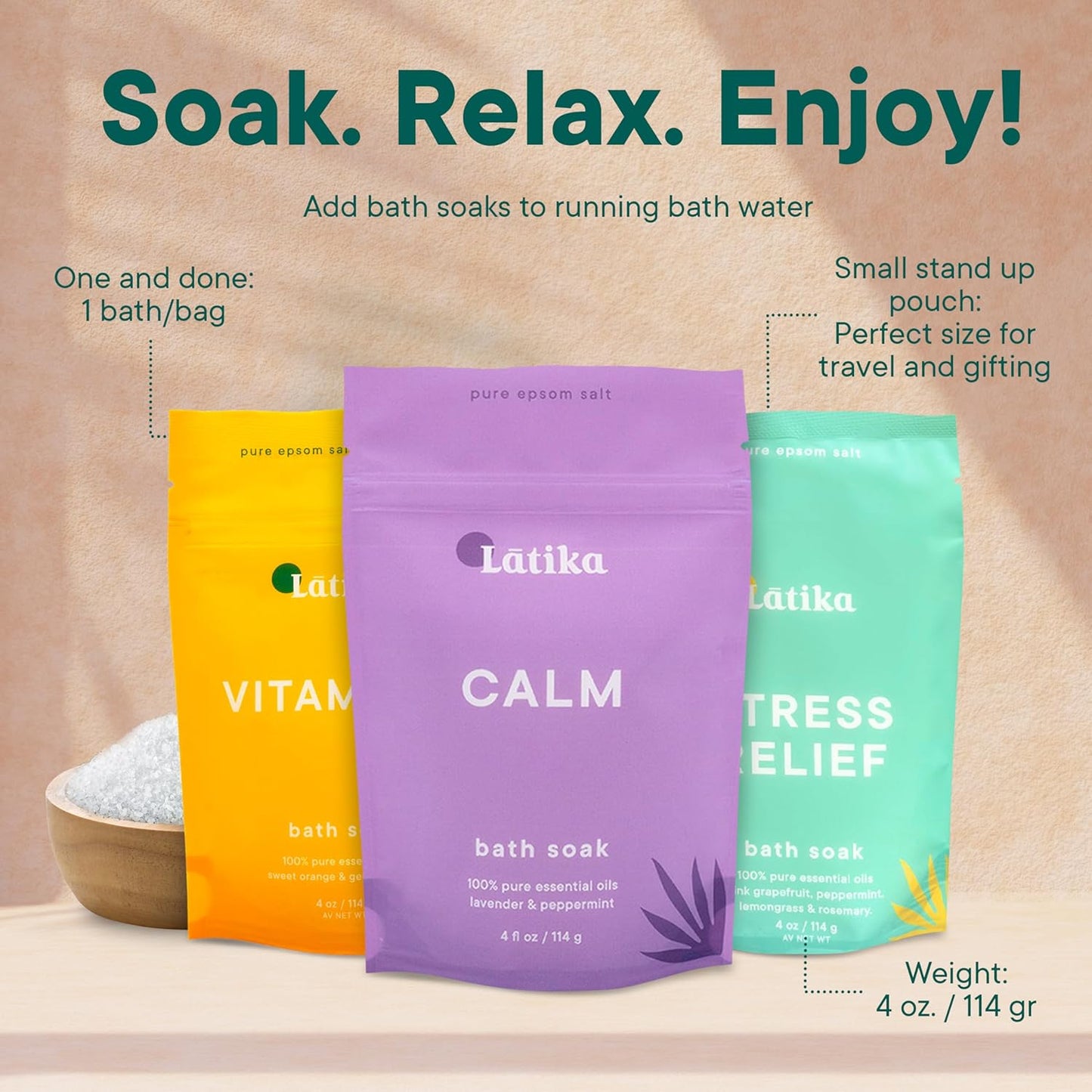 Bath Soaks Set of 3 – Epson Salts for Soaking, Muscle Recovery & Skin Nourishment with Essential Oils | Relax, Rejuvenate & Destress | Lavender Mint, Vitamin C & Grapefruit