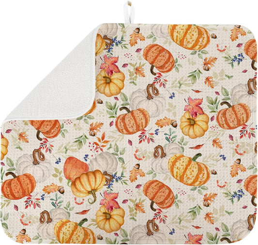 Dish Drying Mat for Kitchen Counter Large 16" x 18" Fall Pumpkin Absorbent Microfiber Dishes Drainer Rack Mats Pad Reusable Washable