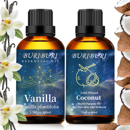 BURIBURI Pure Vanilla Essential Oil and Coconut Oil 100ml Organic Aromatherapy Oils 3.38 fl.oz Coconut Essential Oil for Diffuser Humidifier