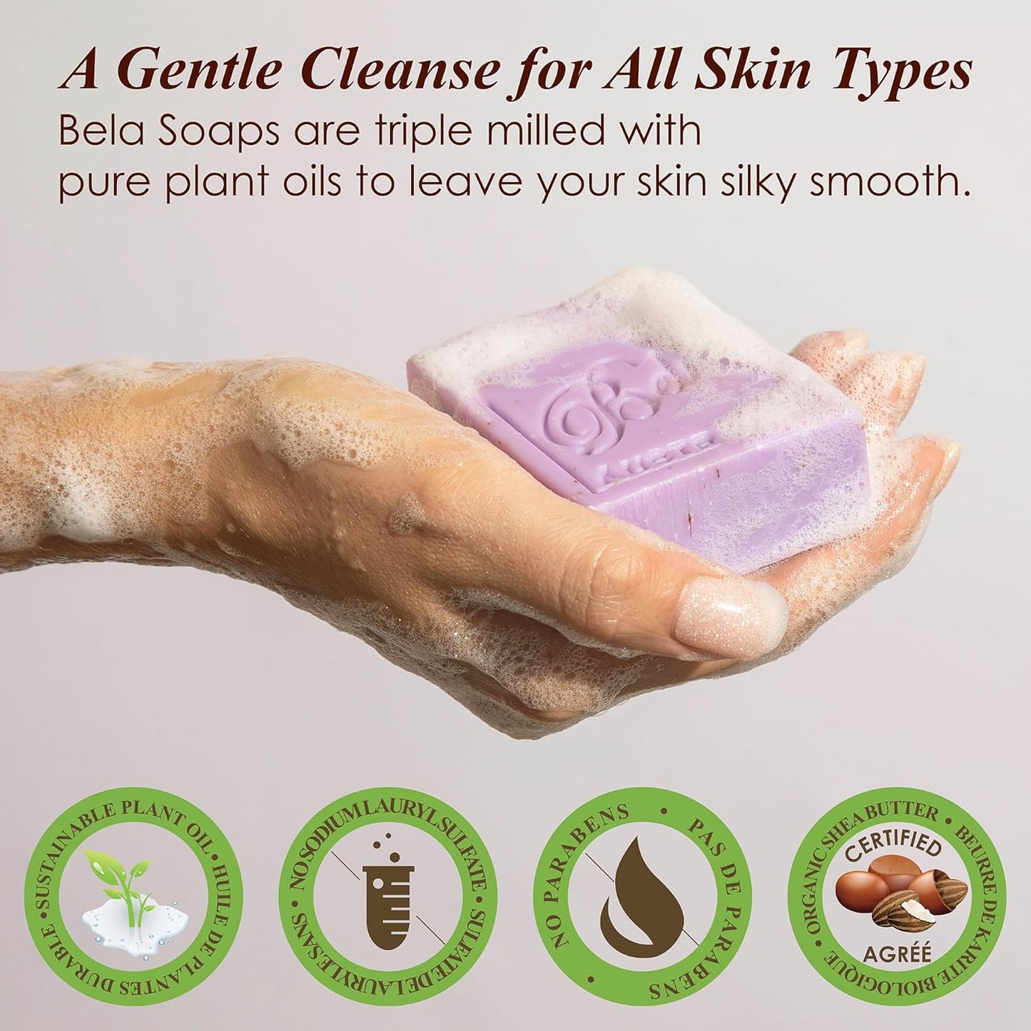 BELA Lavender Soap 3.3 OZ, Pack of 12, Long Lasting French Triple Milled Bar Soap with Organic Shea Butter, Hand, Face and Body Wash Bars, Made in Australia