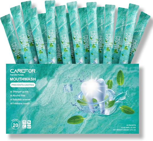 Mouthwash Travel Size - Portable Packets to Go, Alcohol & Fluoride Free Fresh Mint Mouthwash Strips for Superior Oral Hygiene,Disposable Packs (Pack of 20)