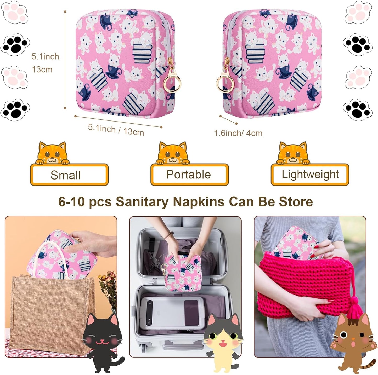 Tampon Holder for Purse, Canvas Period Bag Sanitary Napkin Storage Bag for Girls Womens, Portable Feminine Emergency Pad Period Pouch(Teacup White Cat)